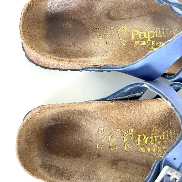 BIRKENSTOCK Papillion Metallic Blue Leather Buckle Flat Thong Sandals Sz 38