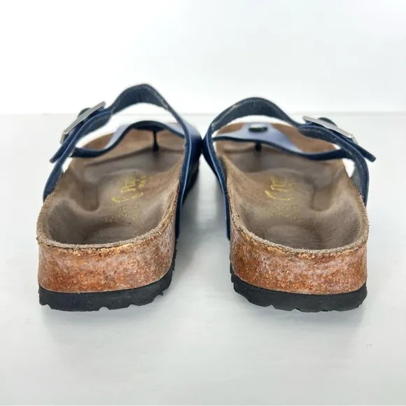 BIRKENSTOCK Papillion Metallic Blue Leather Buckle Flat Thong Sandals Sz 38