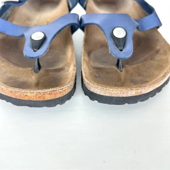 BIRKENSTOCK Papillion Metallic Blue Leather Buckle Flat Thong Sandals Sz 38