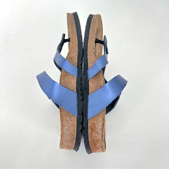 BIRKENSTOCK Papillion Metallic Blue Leather Buckle Flat Thong Sandals Sz 38