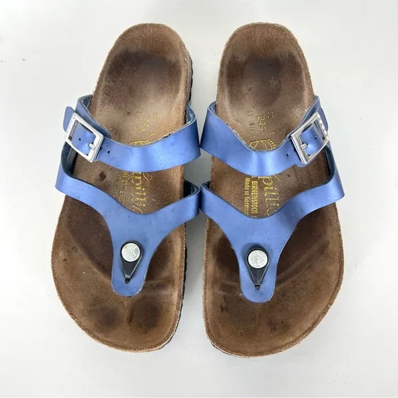BIRKENSTOCK Papillion Metallic Blue Leather Buckle Flat Thong Sandals Sz 38