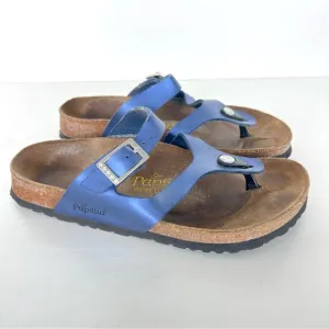 BIRKENSTOCK Papillion Metallic Blue Leather Buckle Flat Thong Sandals Sz 38
