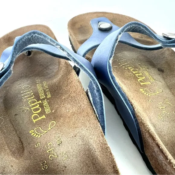 BIRKENSTOCK Papillion Metallic Blue Leather Buckle Flat Thong Sandals Sz 38