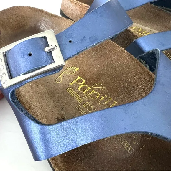 BIRKENSTOCK Papillion Metallic Blue Leather Buckle Flat Thong Sandals Sz 38