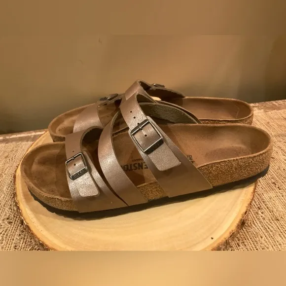 Birkenstock Salina Metallic Rose Gold Leather Sandals Womens Size 42 Worn 2X