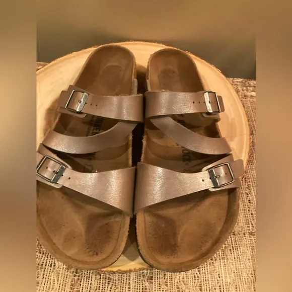 Birkenstock Salina Metallic Rose Gold Leather Sandals Womens Size 42 Worn 2X