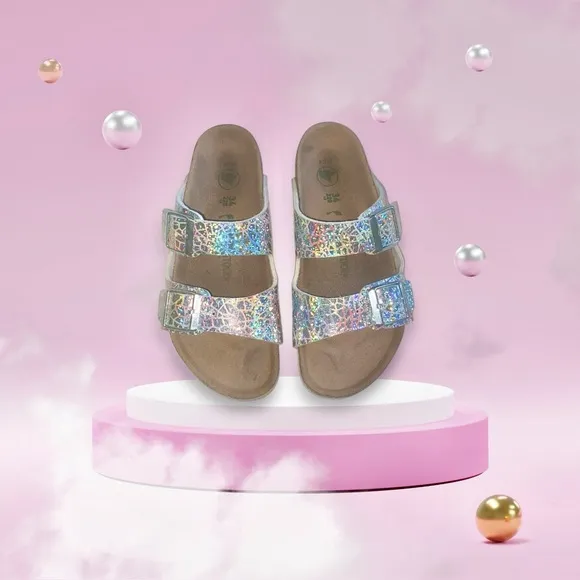 BIRKENSTOCK Sandals Iridescent Disco Arizona Vegan Silver Youth Size EU 34 US 3