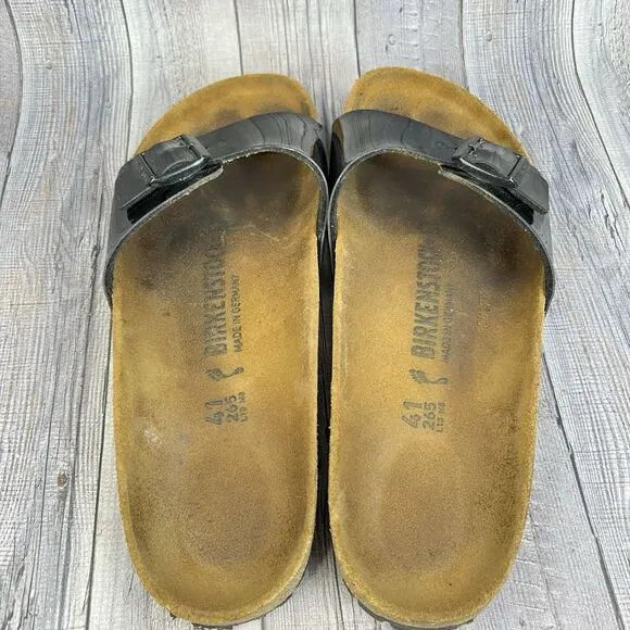 Birkenstock Sandals Women’s EU 41 Madrid Black Patent Slide Cork Footbed Comfy