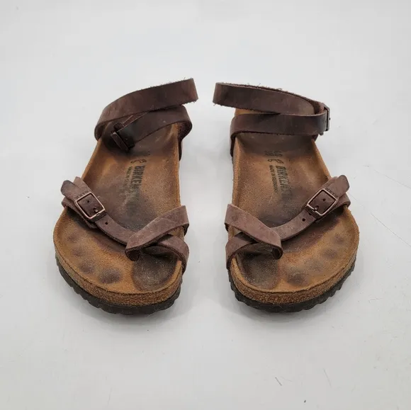 Birkenstock Sandals Yara Womens 9 Bohemian Brown Leather Ankle Wrap Minimalist