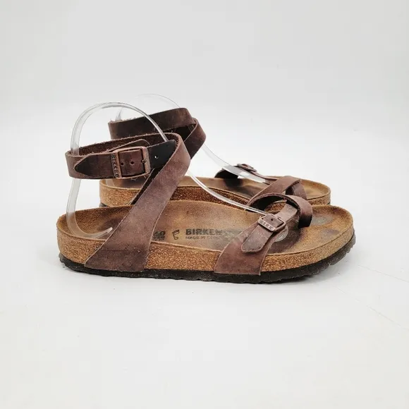 Birkenstock Sandals Yara Womens 9 Bohemian Brown Leather Ankle Wrap Minimalist