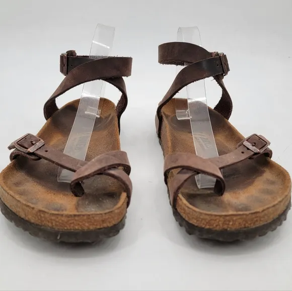 Birkenstock Sandals Yara Womens 9 Bohemian Brown Leather Ankle Wrap Minimalist