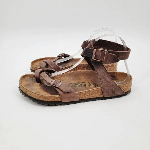 Birkenstock Sandals Yara Womens 9 Bohemian Brown Leather Ankle Wrap Minimalist
