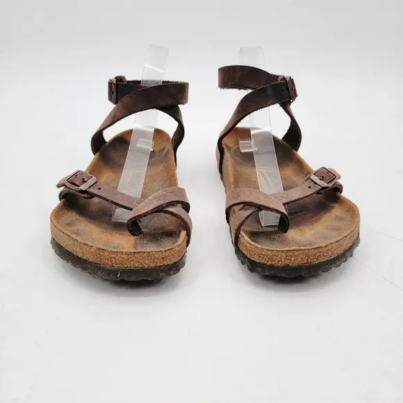 Birkenstock Sandals Yara Womens 9 Bohemian Brown Leather Ankle Wrap Minimalist