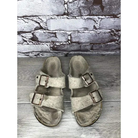 Birkenstock Wool Felt Beige Arizona Comfort Slides Sandals Women Sz 38EU/7.5M US