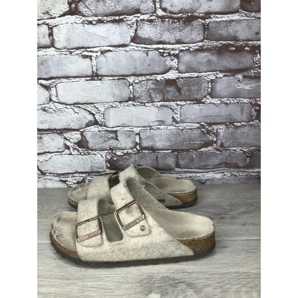 Birkenstock Wool Felt Beige Arizona Comfort Slides Sandals Women Sz 38EU/7.5M US