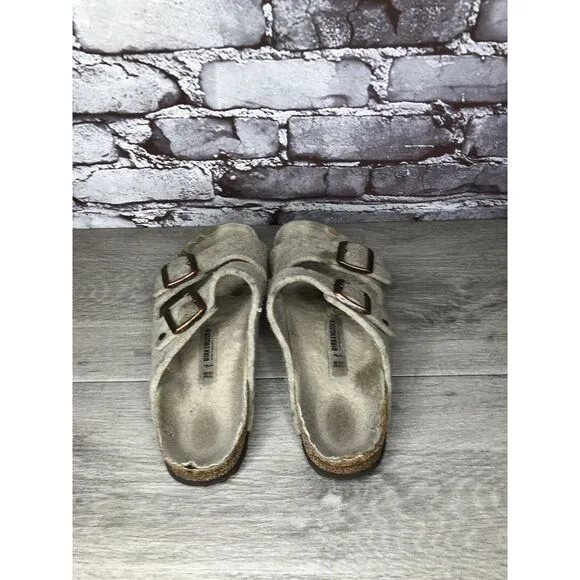 Birkenstock Wool Felt Beige Arizona Comfort Slides Sandals Women Sz 38EU/7.5M US