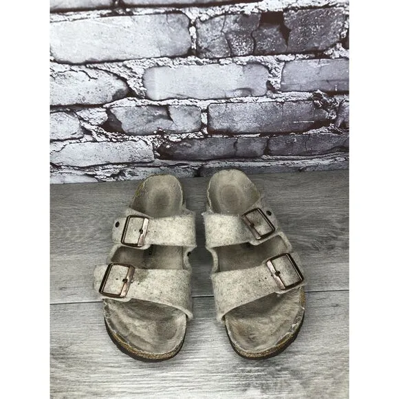 Birkenstock Wool Felt Beige Arizona Comfort Slides Sandals Women Sz 38EU/7.5M US