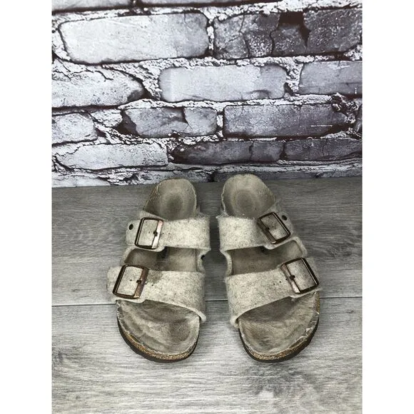 Birkenstock Wool Felt Beige Arizona Comfort Slides Sandals Women Sz 38EU/7.5M US