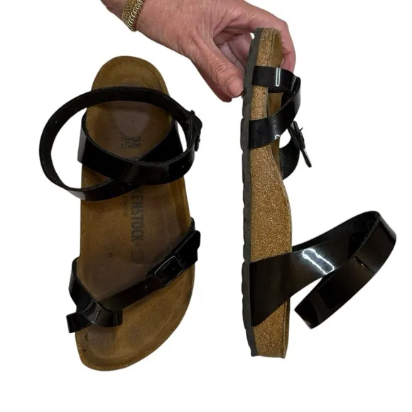 Birkenstock | Yara Sandals Black Patent Leather Wrap Strap Ankle Size 38 (7-7.5)