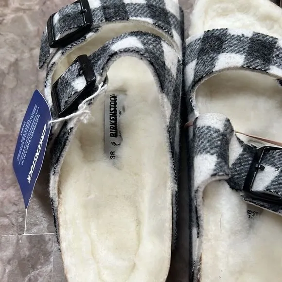 BIRKENSTOCK ARIZONA SHEARLING PLAID SANDALS NWT