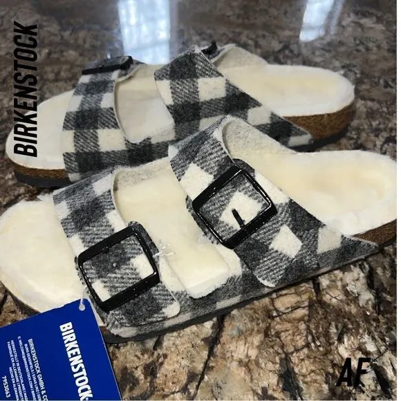 BIRKENSTOCK ARIZONA SHEARLING PLAID SANDALS NWT