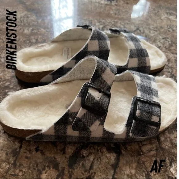BIRKENSTOCK ARIZONA SHEARLING PLAID SANDALS NWT