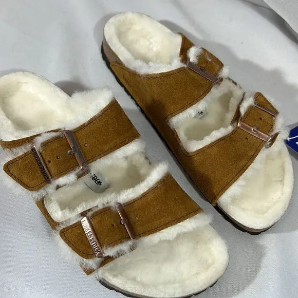 BIRKENSTOCK ARIZONA SHEARLING SANDALS NWT BROWN WHITE FUR