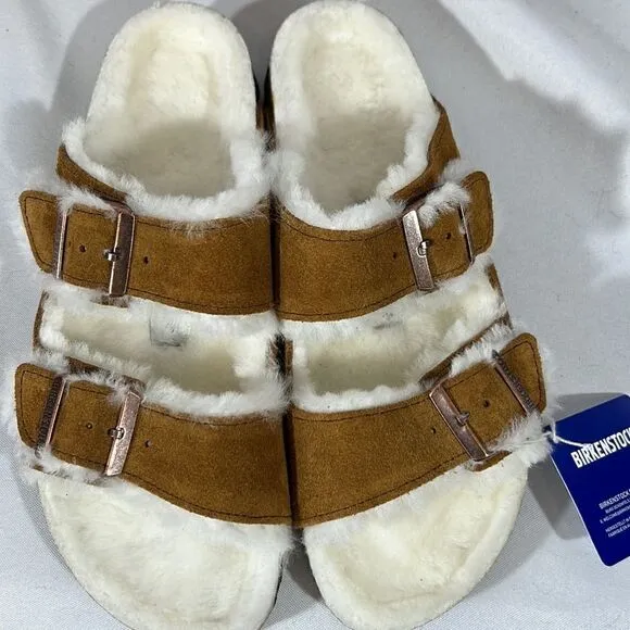 BIRKENSTOCK ARIZONA SHEARLING SANDALS NWT BROWN WHITE FUR