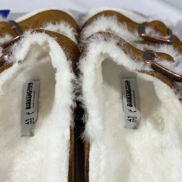 BIRKENSTOCK ARIZONA SHEARLING SANDALS NWT BROWN WHITE FUR
