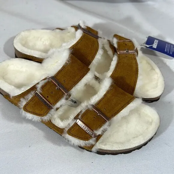BIRKENSTOCK ARIZONA SHEARLING SANDALS NWT BROWN WHITE FUR