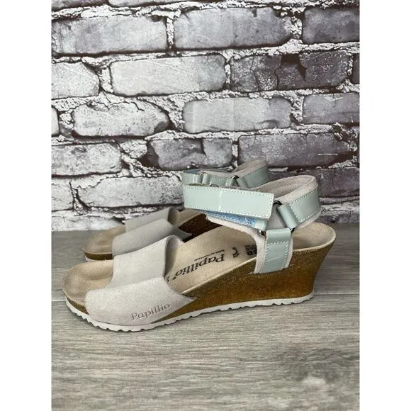Birkenstock Papillio Grey Nubuck Suede Teal Patent Cork Wedge Sandals Women 38EU
