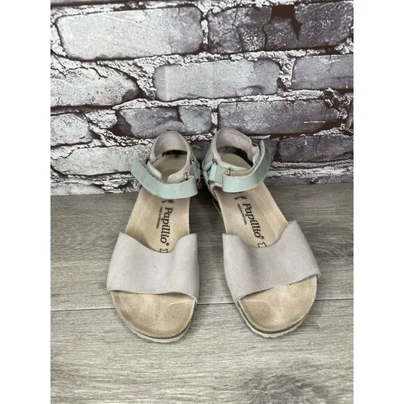 Birkenstock Papillio Grey Nubuck Suede Teal Patent Cork Wedge Sandals Women 38EU