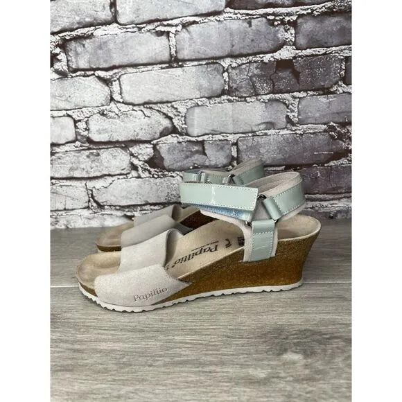 Birkenstock Papillio Grey Nubuck Suede Teal Patent Cork Wedge Sandals Women 38EU