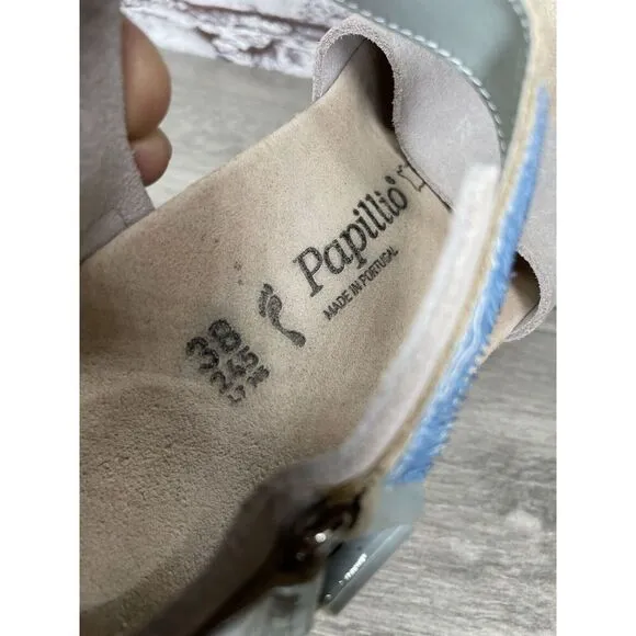 Birkenstock Papillio Grey Nubuck Suede Teal Patent Cork Wedge Sandals Women 38EU