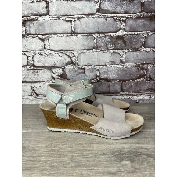 Birkenstock Papillio Grey Nubuck Suede Teal Patent Cork Wedge Sandals Women 38EU