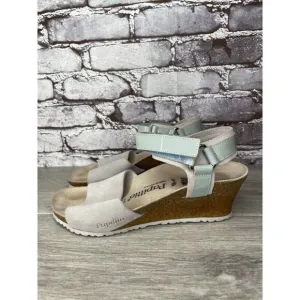 Birkenstock Papillio Grey Nubuck Suede Teal Patent Cork Wedge Sandals Women 38EU