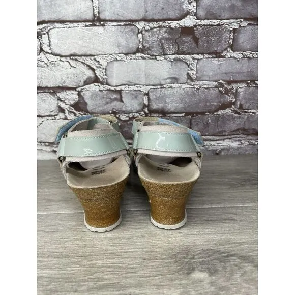 Birkenstock Papillio Grey Nubuck Suede Teal Patent Cork Wedge Sandals Women 38EU