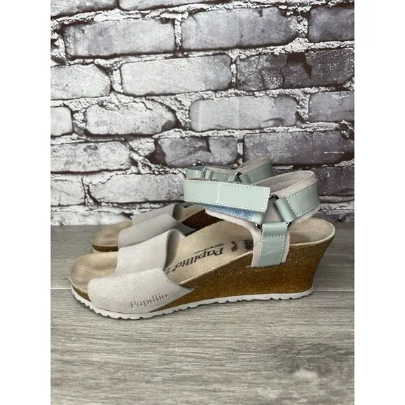 Birkenstock Papillio Grey Nubuck Suede Teal Patent Cork Wedge Sandals Women 38EU