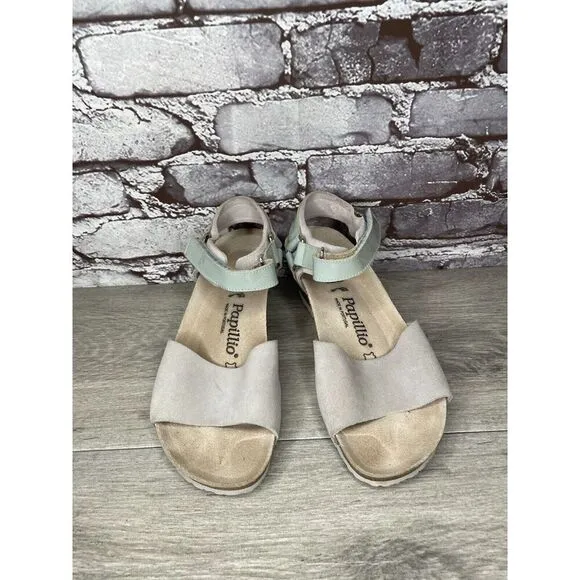 Birkenstock Papillio Grey Nubuck Suede Teal Patent Cork Wedge Sandals Women 38EU