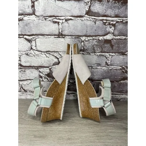 Birkenstock Papillio Grey Nubuck Suede Teal Patent Cork Wedge Sandals Women 38EU