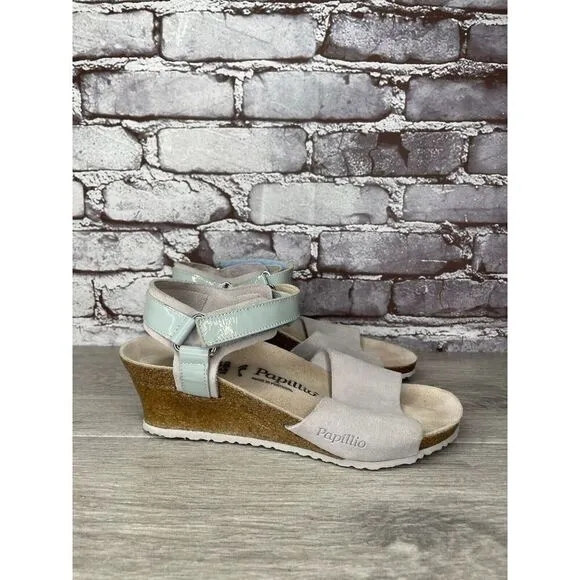 Birkenstock Papillio Grey Nubuck Suede Teal Patent Cork Wedge Sandals Women 38EU