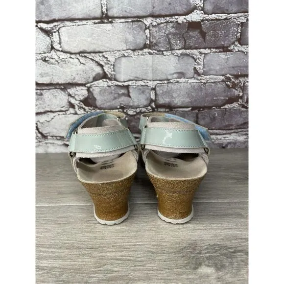 Birkenstock Papillio Grey Nubuck Suede Teal Patent Cork Wedge Sandals Women 38EU