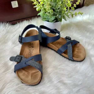 Birki's By Birkenstock Women Lillie Criss Cross Navy Plaid Strappy Sandals Size6