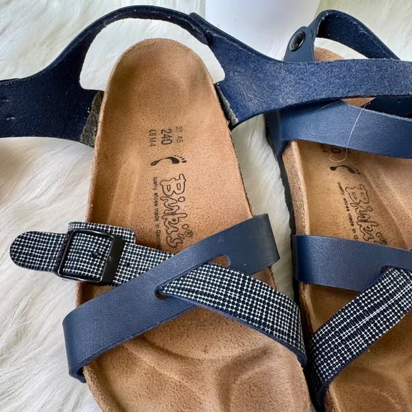 Birki's By Birkenstock Women Lillie Criss Cross Navy Plaid Strappy Sandals Size6