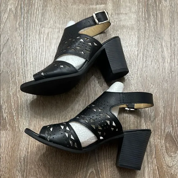 Black Chunky Heel Perforated Dress Sandals