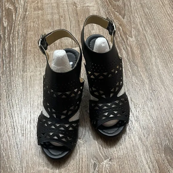 Black Chunky Heel Perforated Dress Sandals