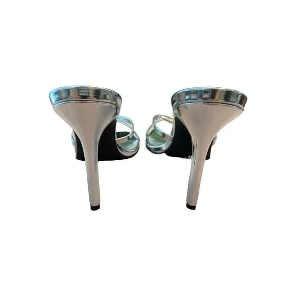 Black Suede Studio Arielle Heels Sandals Leather Silver Mirror Metallic Size 8