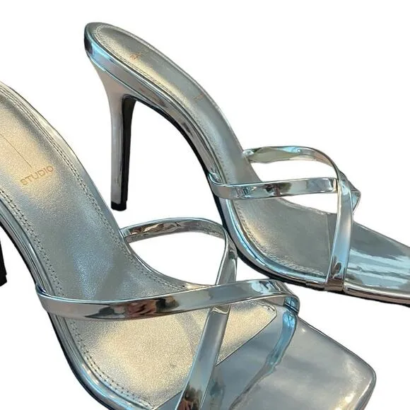 Black Suede Studio Arielle Heels Sandals Leather Silver Mirror Metallic Size 8