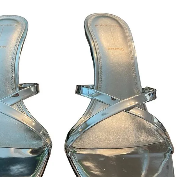 Black Suede Studio Arielle Heels Sandals Leather Silver Mirror Metallic Size 8