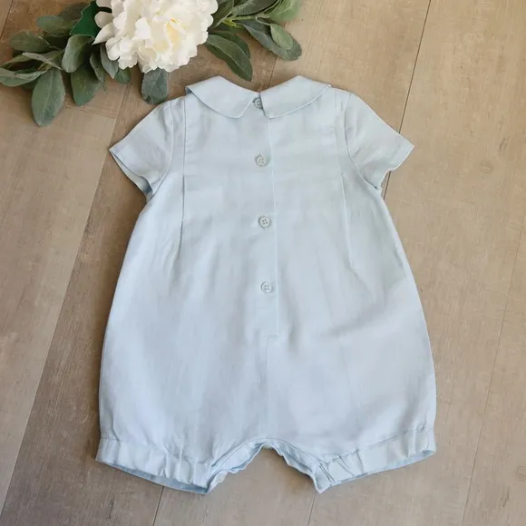 Blue Linen Romper Boutique Luli &amp; Me Boys 3/6 Months PERFECT LIKE NEW